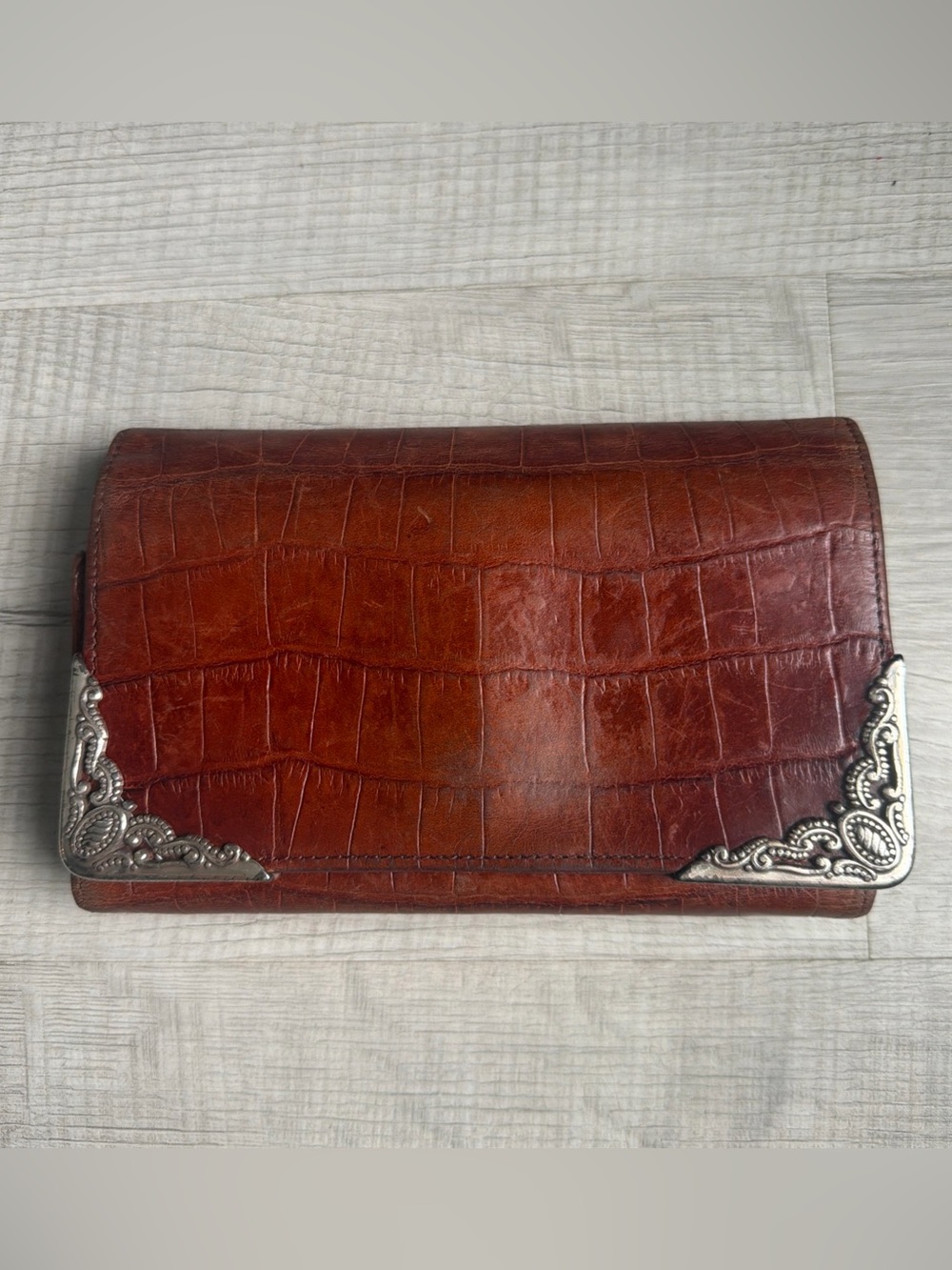 Brighton Brown Croc Embossed Leather Organizer Wallet Silver Corner Accents